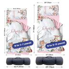 Custom Toddler Nap Mat for Preschool, Personalized Name Kids Sleeping Bag with Animals Parrern for Daycare, Roll Up Sleeping Mat with Removable Pillow and Soft Dot Minky Blanke for Girls Camping