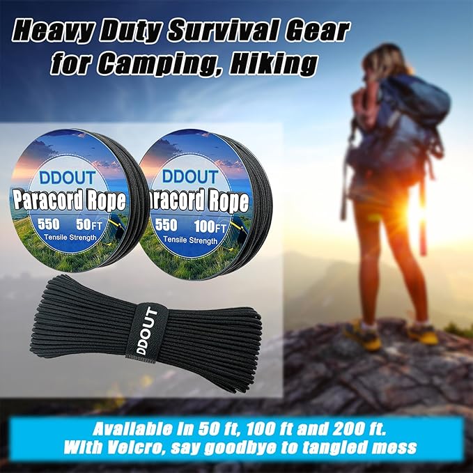 Paracord Rope with 7-Strand Core, 11 Colors and 50/100/200 ft, Nylon Type III Parachute Cord 4mm for Camping, Survival, Hiking, DIY, Crafting, Outdoor Utility Black 100ft