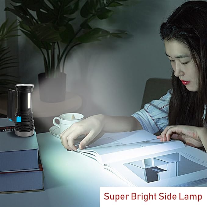 LED Flashlight High Lumens USB Rechargeable Flashlight for Camping, Hiking, Walking, Powerful Emergency Flashlight with 4 Modes for Outdoor Use, Bright Flashlight with Sidelight Lantern