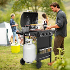 Happygrill 3 + 1 Burner Propane Gas Grill, 39,000 BTU Outdoor Cooking Grill w/Storage Shelves & Porcelain-Enameled Grates, Portable BBQ Grills on Wheels w/Thermometer for Backyard, Camping & Picnic