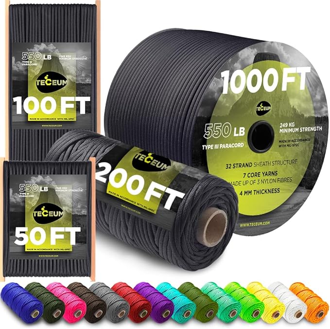 TECEUM 5/32" Paracord Rope 1000 – 1000ft / 200ft / 100ft / 50ft – Tactical Parachute Cord 4mm – 45+ Colors – Nylon String for Survival & Camping Gear – Stripe Cord for Survival – Utility Rope