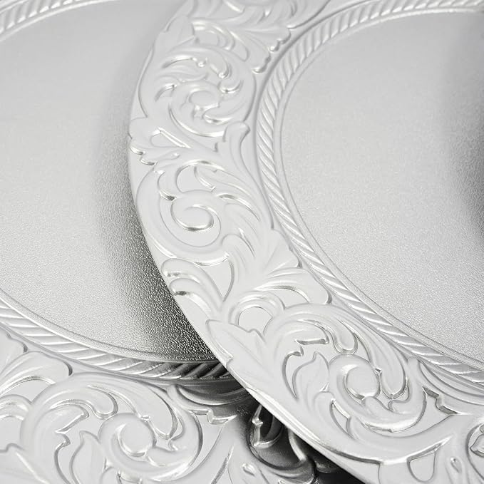 150 Pcs 13 Inch Silver Charger Plates, Bulk PP Wedding Chargers with Floral Reef Design Decorative Round Ruffled Rim Dinner Plates for Wedding Party Event Table Setting Decoration
