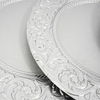 150 Pcs 13 Inch Silver Charger Plates, Bulk PP Wedding Chargers with Floral Reef Design Decorative Round Ruffled Rim Dinner Plates for Wedding Party Event Table Setting Decoration