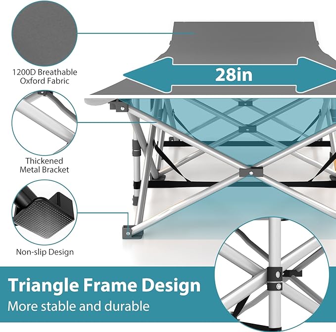 Folding Camping Cot for Adults - Heavy Duty Sleeping Cots with Carry Bag, Double Layer Oxford Portable Travel Camp Cots for Outdoor Camp Beach Home Office (Silver Frame with Gray Pad, 1PACK)