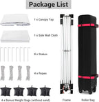 10x10ft Pop Up Canopy Tent with 1 Sidewall, Portable Instant Commercial Canopy Patio Tent with Vented Top Roller Bag 4 Sandbags 4 Ropes and 8 Tent Stakes, White