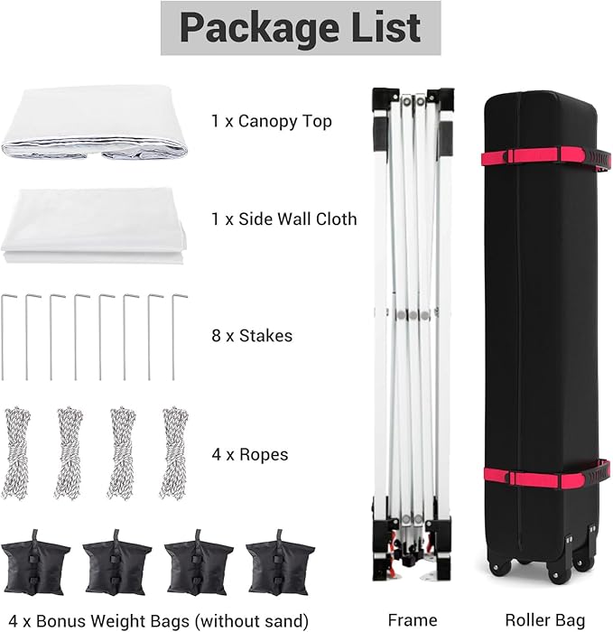 10x10ft Pop Up Canopy Tent with 1 Sidewall, Portable Instant Commercial Canopy Patio Tent with Vented Top Roller Bag 4 Sandbags 4 Ropes and 8 Tent Stakes, White