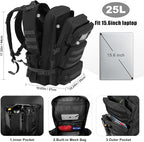 Military Tactical Backpack 25L Day Backpack for Men Molle Army 3 Days Assault Pack Bug Out Bag Water Resistant and Heavy Duty Hiking Treeking Rucksack - Black