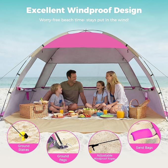Venustas Beach Tent Sun Shelter for 3/4-5/6-7/8-10 Person, UPF 50+ UV Protection Beach Canopy, Lightweight and Easy Setup Cabana, Portable Shade Tent
