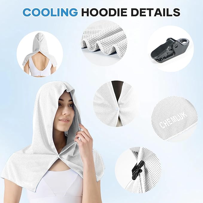Cooling Hoodie Towel: Cooling Towels for Neck and Face Sun Protection Instant Cool for Hot Weather Hiking Camping Running Golf Gardening Fishing Music Festivals Theme Parks Beach - White
