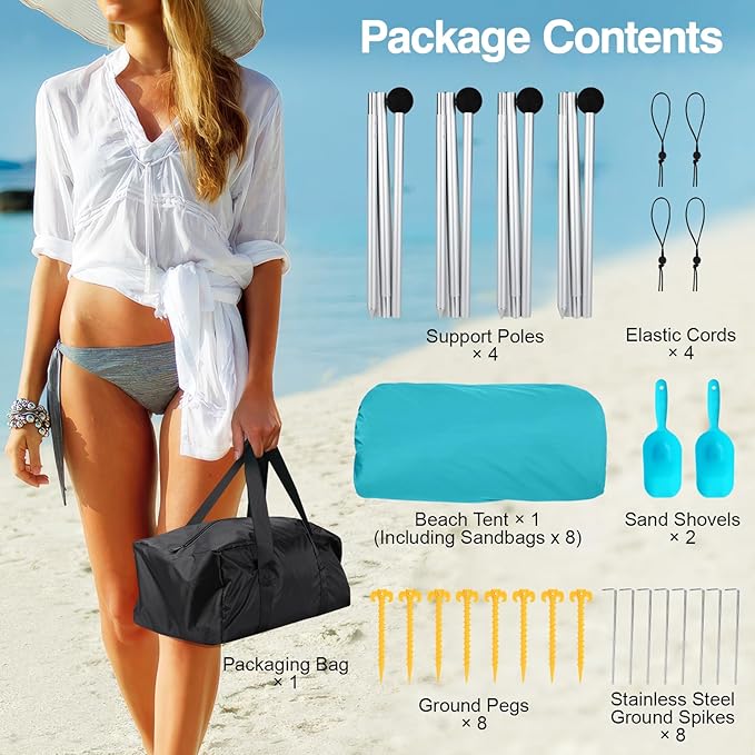 Rhino Valley Beach Tent Shade Canopy UPF50+ Protection, 8 Sandbags, 4 Stability Poles, Outdoor Sun Shelter Umbrella for Sand, Camping, Fishing Essentials