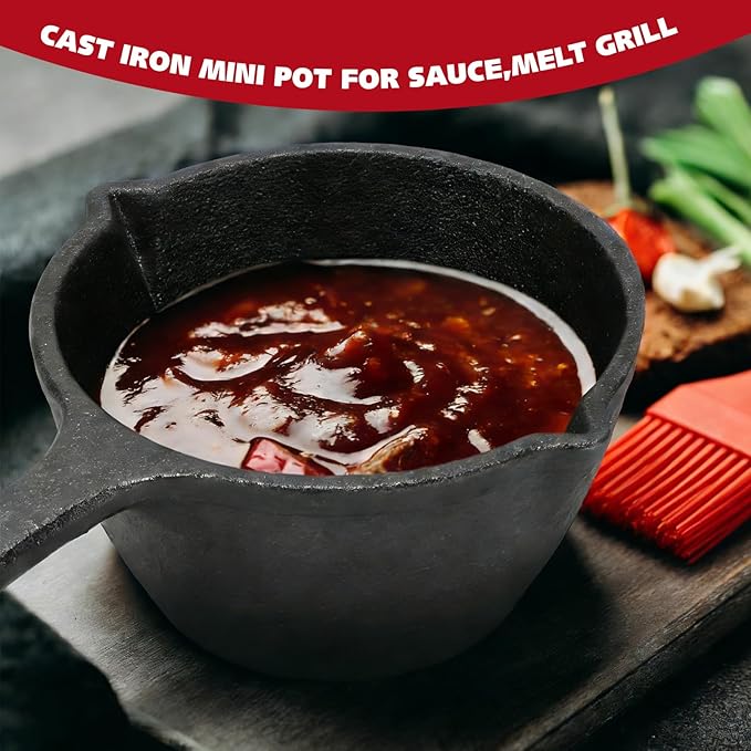 Cast Iron Basting Pot and Sauce Pan Set – Small Cast Iron Melting Pot for Butter, Sauces, Garlic – Perfect for Grilling, Camping, Kitchen & Outdoor Stove Use – Premium BBQ Accessories