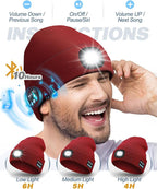 Bluetooth Beanie with Light, USB Rechargeable LED Headlamp Winter Hat, Men Women Valentine's Day Gifts