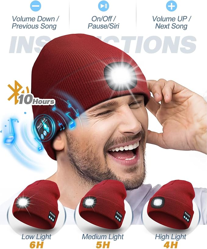 Bluetooth Beanie with Light, USB Rechargeable LED Headlamp Winter Hat, Men Women Valentine's Day Gifts