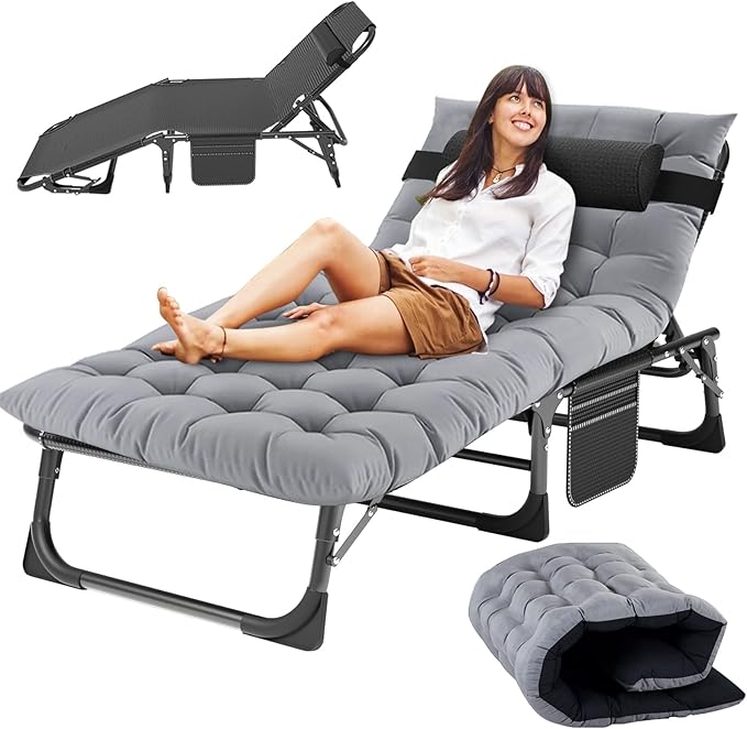 Slsy Sleeping Cots for Adults, 5-Position Folding Chaise Lounge Chairs Outdoor, Portable Folding Bed Cot Lounge Chair for Beach Lawn Camping Pool Sun Tanning