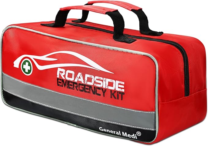 General Medi 127-Pieces Roadside Car Emergency Kit Include Mini First Aid Kit, Jumper Cables,Tow Rope, Bandage, Safety Vest, Emergency Triangle, All in One Pack