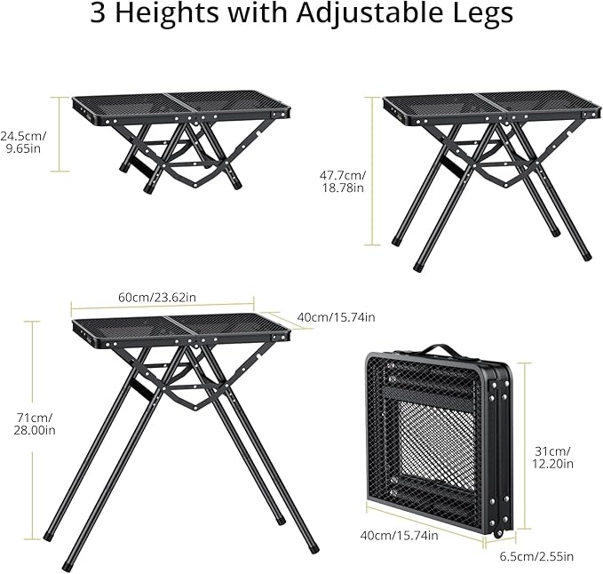 Anbte 2ft Folding Grill Table, Supports 180 Lbs, 2 Adjustable Height 28” Portable Grill Table Heat-Resistant Tabletop, Folding Metal Table for Camping BBQ Cooking Backyard Outdoor, 24" X 16", Black