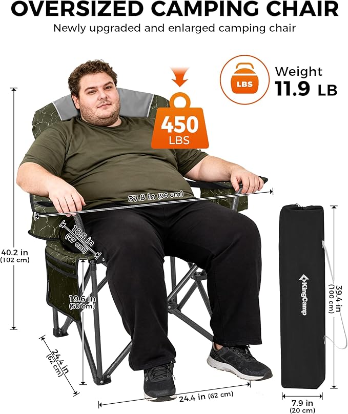 KingCamp Oversized Camping Folding Chair, Heavy Duty 450 LBS with Lumbar Support, Padded seat with Cup Holder&Cooler Bag, Ideal for Camp, Fishing, Sports Event, Backyard, Patio, Lawn (Lava Green)