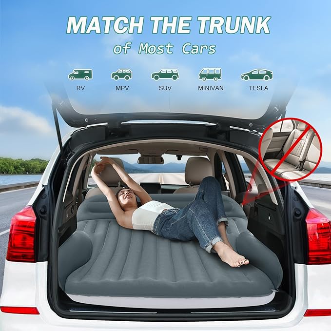 SUV Air Mattress, Double-Sided Thick Flocked Car Air Mattress with Built-in Pump & Pillow, Complete Sleeping Accessories for Auto Camping & Road Trips（Green+Charcoal）