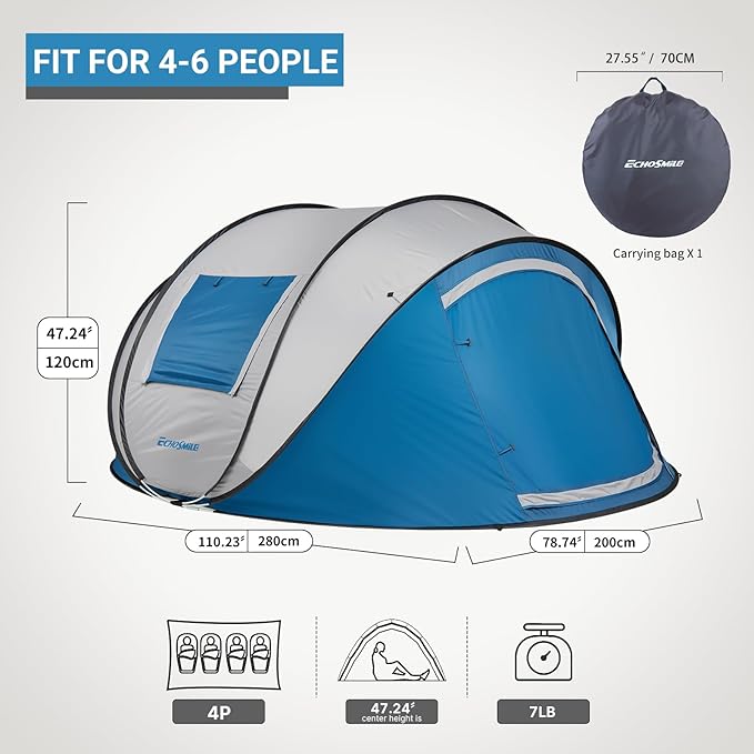 EchoSmile Instant Pop Up Camping Tent, 2/4/6 Person, Easy Setup Tent, Water Resistant Dome, Portable with Carry Bag