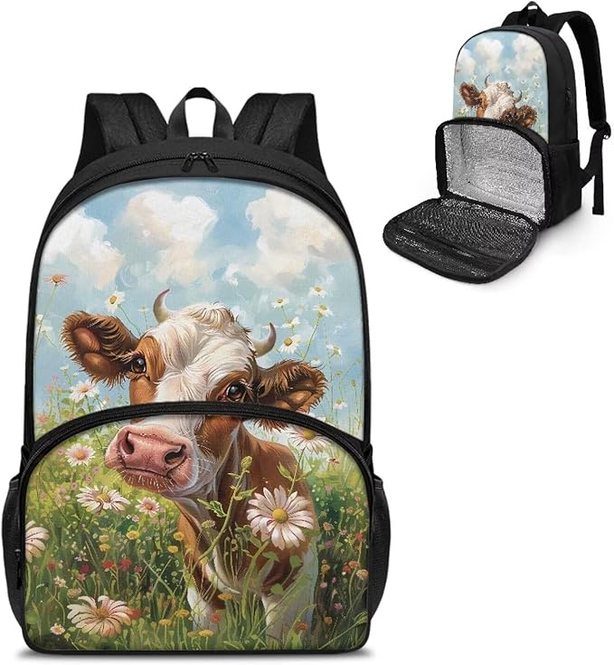 Cute Cow Daisy Student All In One Backpack Meal Bag Sturdy Insulated Cooler Backpack Lunch Box Tote Food Bag for College Beach Camping Picnics Primary Middle High Student Dayback