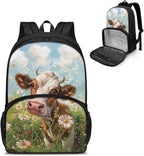 Cute Cow Daisy Student All In One Backpack Meal Bag Sturdy Insulated Cooler Backpack Lunch Box Tote Food Bag for College Beach Camping Picnics Primary Middle High Student Dayback