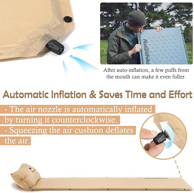 Naturehike Self-Inflating Single Spliced Camping Air Cushion, Ultralight Sleeping Pad with Pillow, Compact Inflatable Portable Sleeping Mat for Backpacking Hiking Car Traveling Beach Tent (Blue)
