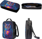 3 PCS Owl Print Travel Backpack Set for Women Men, 17 Inch Knapsack Rucksack Lunch Box with Thermal Insulated Pen Case, Black