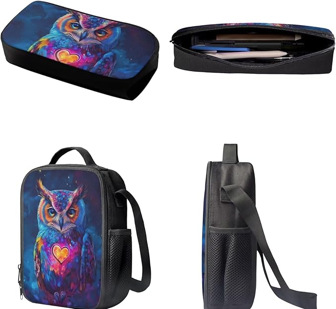 3 PCS Owl Print Travel Backpack Set for Women Men, 17 Inch Knapsack Rucksack Lunch Box with Thermal Insulated Pen Case, Black
