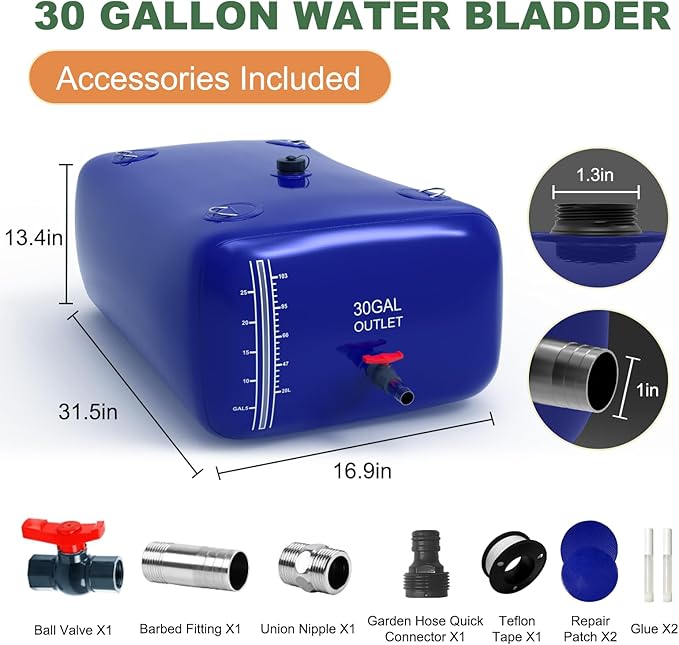 30 Gallon Water Storage Bladder - 1000D PVC Blue RV Water Tank, Portable Collapsible Storage Bladder Containers for Gardens, Camping, Emergency Use