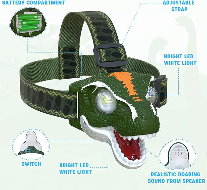 COSOOS LED Headlamp for Kids Flashlight Camping Gear, Roar & Silent Mode, Outdoor Head Lamp for Boy Girl, 3.4oz Lightweight Headlight, Birthday Gift for Kid, Battery Included