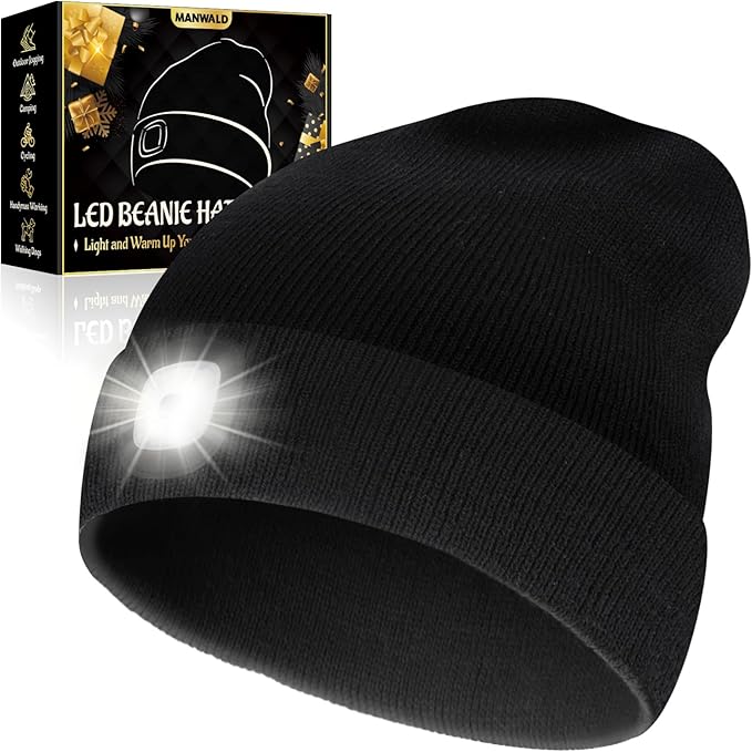 LED Beanie Hat with Light, USB Rechargeable LED Headlamp, Gifts for Men, Mens Gifts, Birthday Gifts for Him Dad Husband, Boyfriends, Black