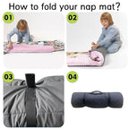 Custom Toddler Nap Mat for Preschool, Personalized Name Pink Kids Sleeping Bag with Horse Pattern for Daycare, Roll Up Sleeping Mat with Removable Pillow and Soft Dot Minky Blanke for Girls Camping