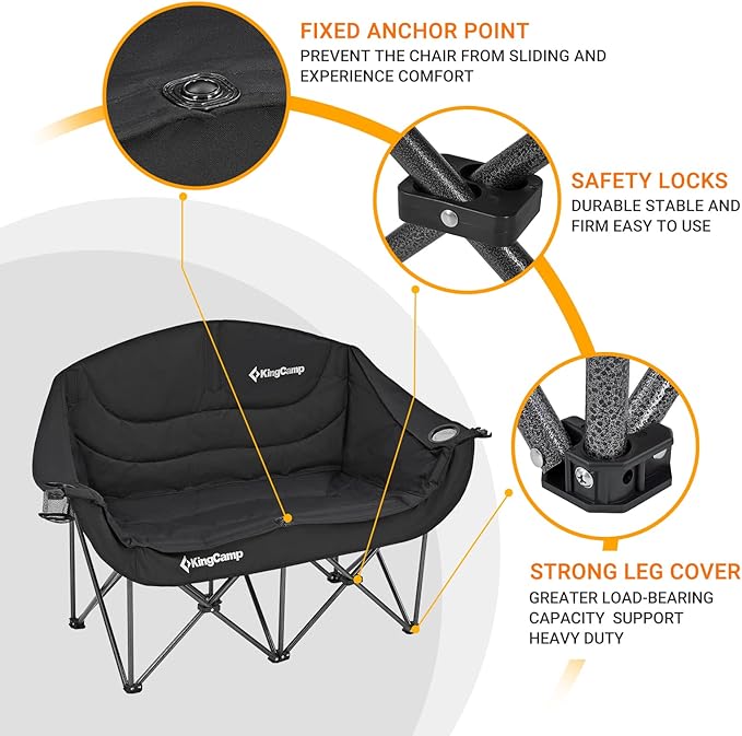 KingCamp Double Camping Chair, Oversized Heavy Duty 550lbs Loveseat for Adults Portable Folding XL 2 Person Couch Padded Comfortable Two Seat with Cup Holder for Outdoor Lawn Backyard, Black