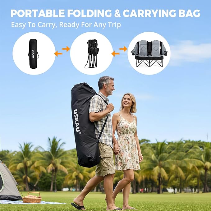 Oversized USLCamping Chair - 2 Person Portable Folding Outdoor Loveseat Heavy Duty Lawn Chairs for Adults with Padded Cushion & Dual Cup Holders, Supports 660LBS for Camping，Sports，Picnic (Grey)