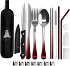Portable Travel Silverware Set With Case - Includes 10 Pcs of Utensils, Stainless Steel Flatware For Camping, Easy to Travel, Lightweight (Red Two Tune)