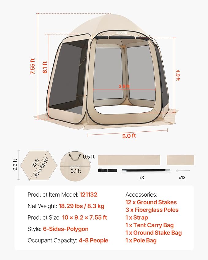 VEVOR 10 x 9.2 ft Pop-Up Screen House Tent, 4–8 Person Portable Screen Gazebo w/Carry Bag, Netting Sides & Ground Stakes, Quick Setup, Screened in Canopy for Garden, Patio & Backyard, Outdoor, Beige