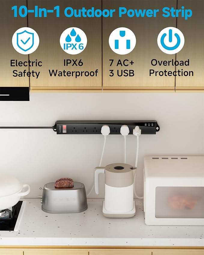 Outdoor Power Strip Weatherproof IPX6,1625W/13A 15 Ft Extension Cord with Multiple Outlets,7 AC & 3 USB, Wall Mount for Camping,Poolside,Garden,Workshop