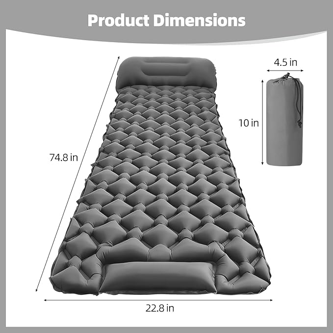Inflatable Sleeping Pad with Pillow, 40D Nylon TPU Ultralight Sleeping Mat with Foot Press for Camping, Backpacking, Hiking, Inflated 74.8 x 22.8 x 2 in