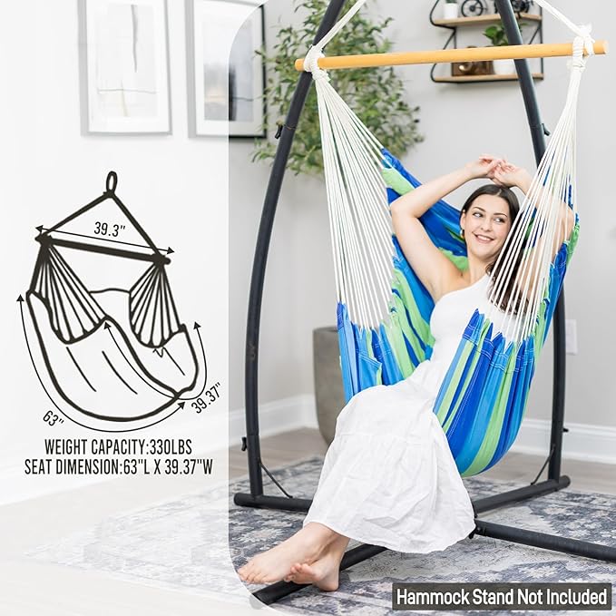Hammock Chair Hanging Swing Include 2 Cushions and Hardware Kits, Max 330Lbs, XL Hanging Chair for Indoor Outdoor Patio Yard - Blue & Green Stripe