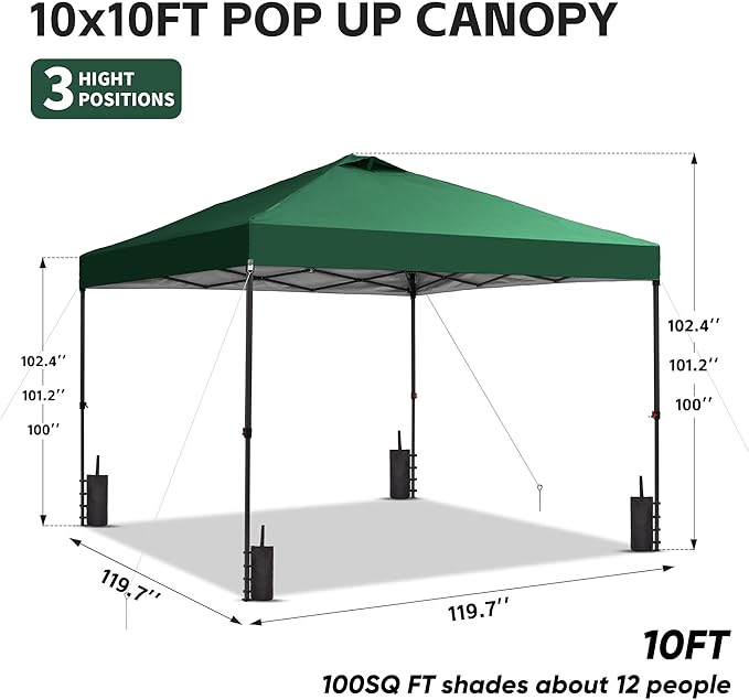 GDY 10x10 Pop Up Canopy Tent with Vents, 3 Adjustable Height, Outdoor Canopy with 4 Sandbag,Patio Sun Shade for Events, Parties, Camping, (Green).