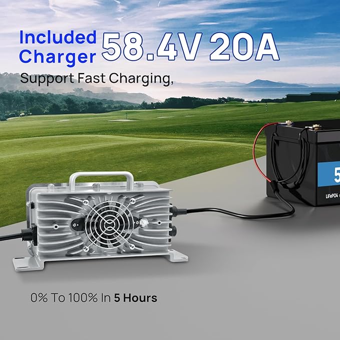 48V 100Ah Lithium LiFePO4 Battery With 20A Charger, Build-in 100A BMS Peak Current 500A, Deep Cycles Battery for RV, Camper, Solar System, Marine, Trolling Motor