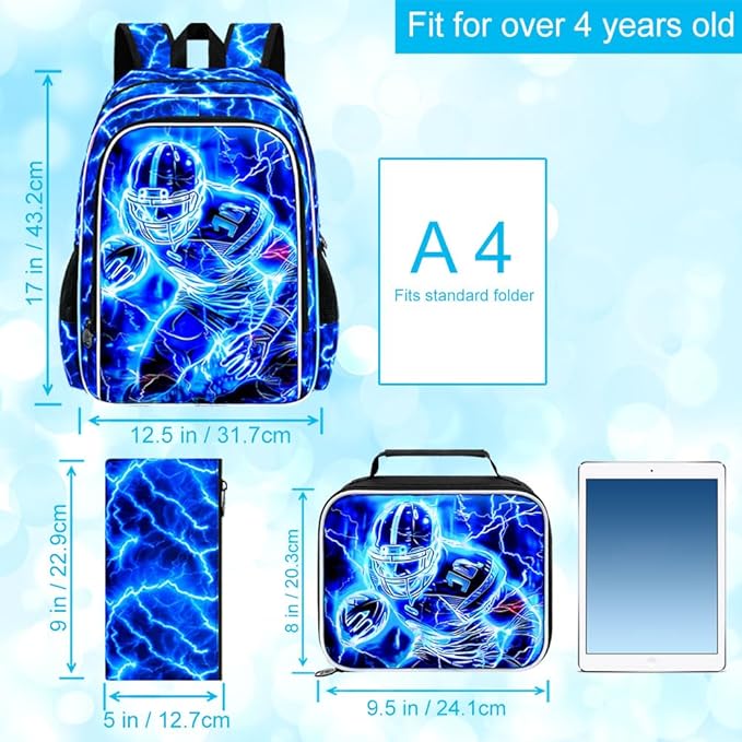 17" Football Backpack for Boy, 3Pcs Lightning Bookbag for Elementary Preschool Kindergarten, Kids School Backpacks with Lunch Box (Blue)