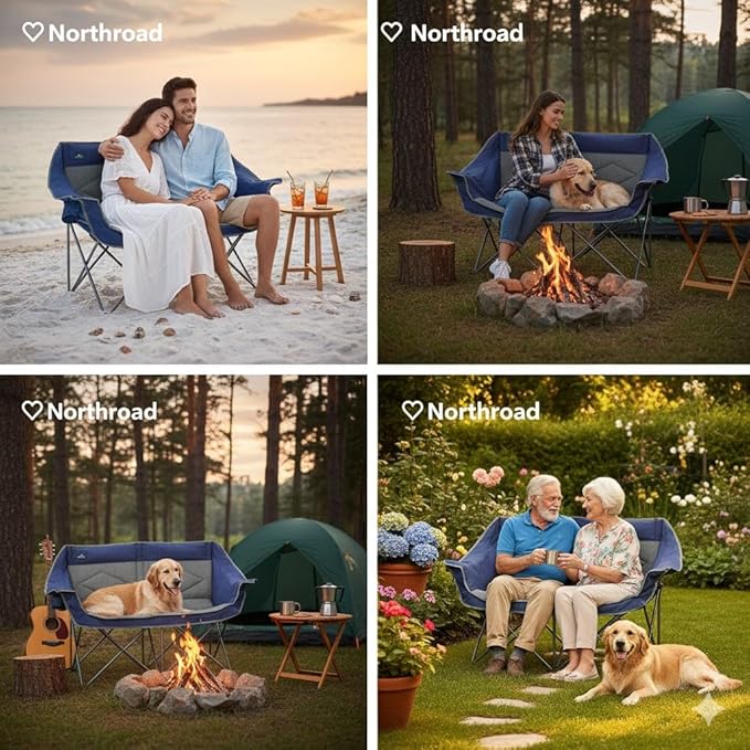Northroad Folding Loveseat Camping Chair Portable Double Duo Full Padded Garden Chair for 2 Person Sofa w/ 2 Cup Holder,Wine Glass Holder,Mesh Storage,Support 500lbs for Picnic Beach Travel(Blue)