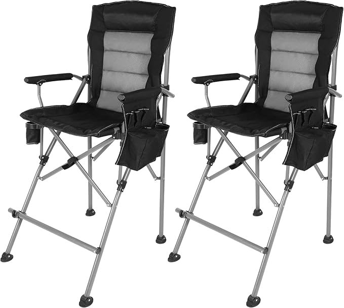 Extra Tall Folding Chairs for Adults 2 Pack, Portable Bar Height Foldable Director Chairs for Camping Outside, Comfortable with Makeup PocketHigh Back and Footrest, Black