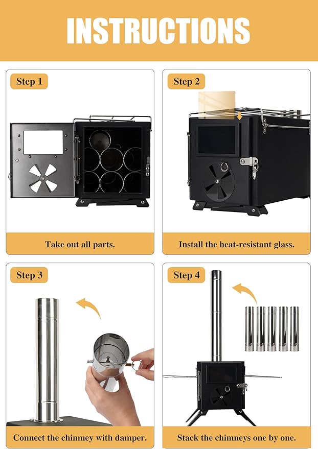 Camping Stove for Hot Tents, LAMA 304 Stainless Steel Wood Burning Stove with Stainless Wall Chimney Pipes for Tents, Shelter, Outdoor Portable Stove for Camping Heating and Cooking