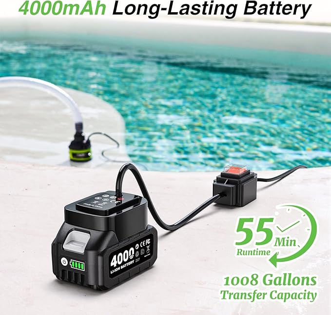Cordless Water Pump with 1H Runtime Battery & Hose, 1100GPH Brushless Small Submersible Utility Pump for Rain Barrel Pool Hot Tub Drain, Garden Irrigation, Flooded Basement Boat Emergency
