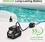 Cordless Water Pump with 1H Runtime Battery & Hose, 1100GPH Brushless Small Submersible Utility Pump for Rain Barrel Pool Hot Tub Drain, Garden Irrigation, Flooded Basement Boat Emergency