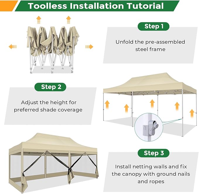 COBIZI 10x20 Heavy Duty Pop Up Canopy with 6 Sidewalls, Commercial Gazebo Party Tent with Mosquito Netting Wall Easy Set Up Outdoor Instant Screen Tent for Backyard, Patio, Garden, Khaki