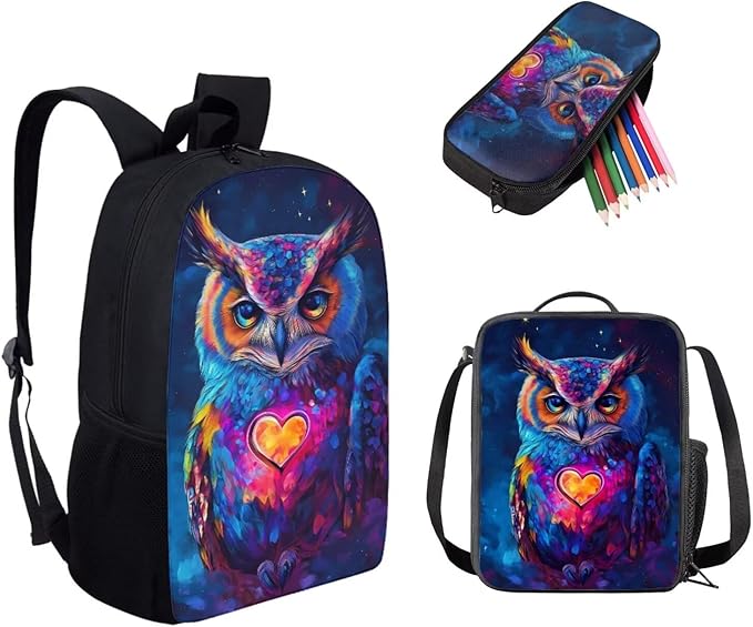 3 PCS Owl Print Travel Backpack Set for Women Men, 17 Inch Knapsack Rucksack Lunch Box with Thermal Insulated Pen Case, Black