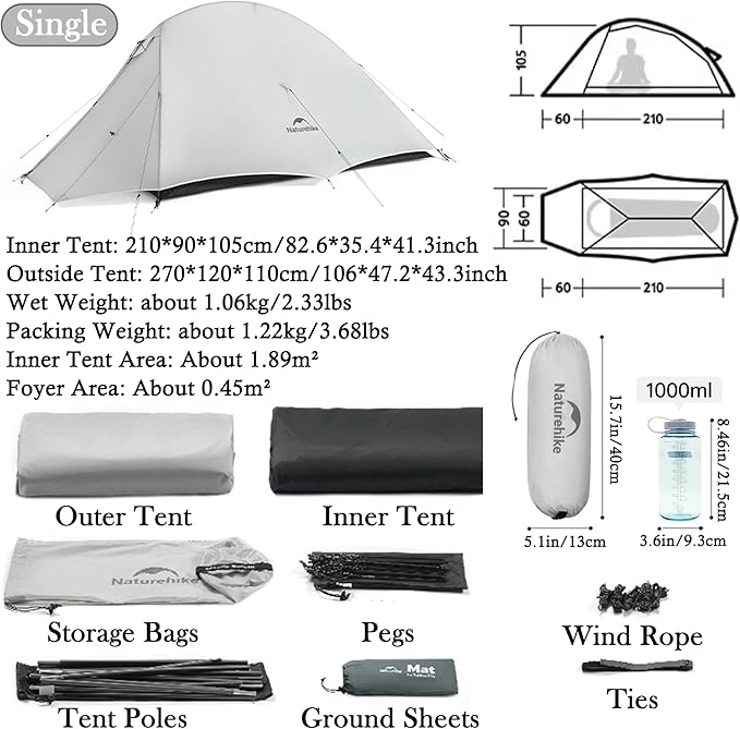 Naturehike 1-2 Person Cloud up UL Tent - Ultralight 3.1lb/3.5lb Backpacking Tent, Waterproof Free Standing Camping Tent for One Man, Hiking, Cycling, Two Person, Double Layer